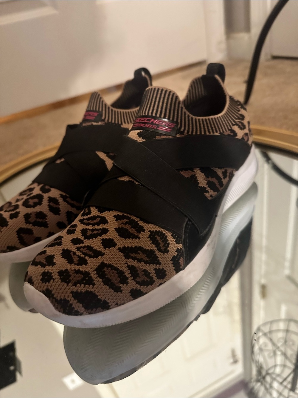 Skechers Slip-On Leopard Knit Athletic Sneakers - Tan/Black